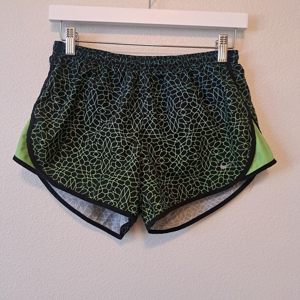 Nike Dri-FIT Running Shorts Womens Small Green Black Geometric Mosaic Athletic